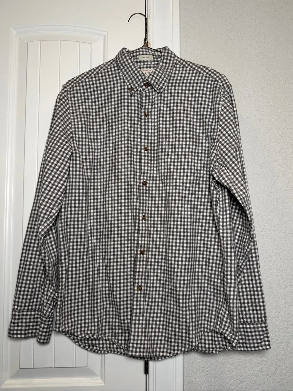 J. Crew Men's Olive Green and White Gingham Button-Down Shirt